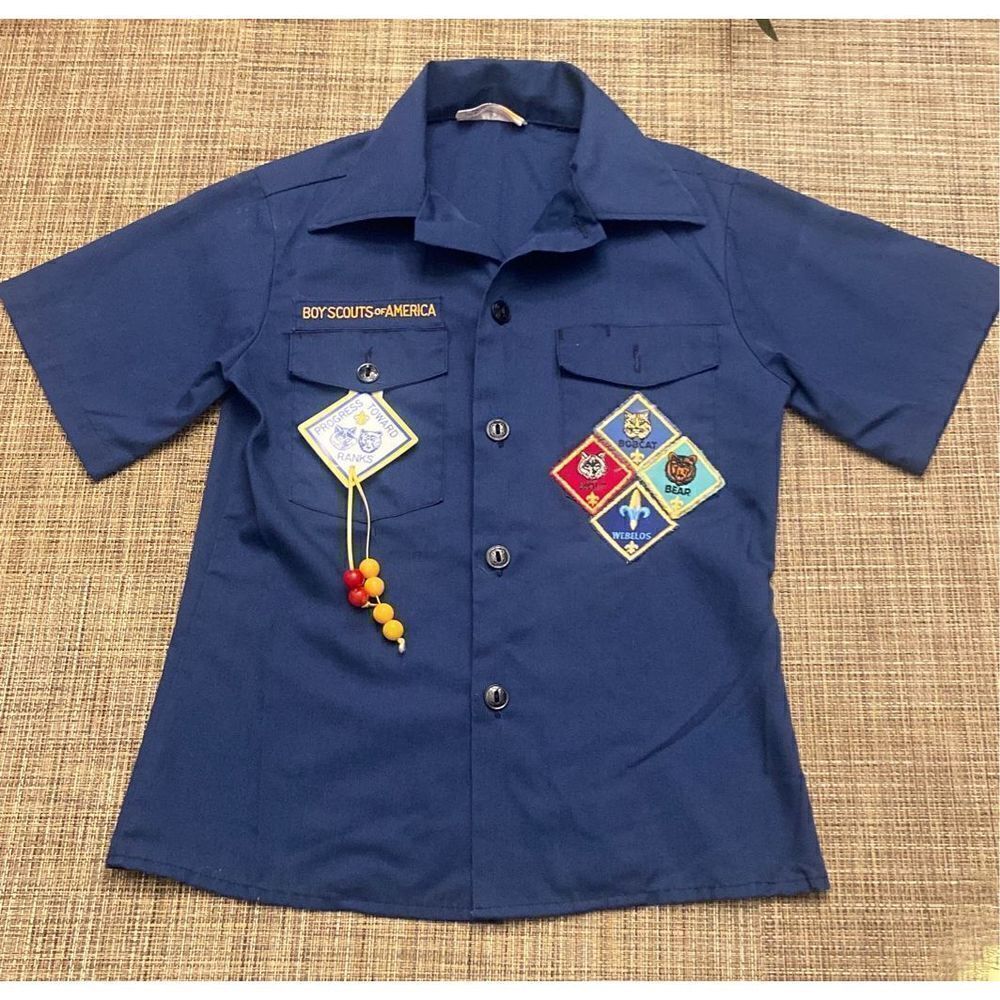 Vintage Boy Scouts of America Blue Short Sleeve Uniform Shirt & Patches Size 10
